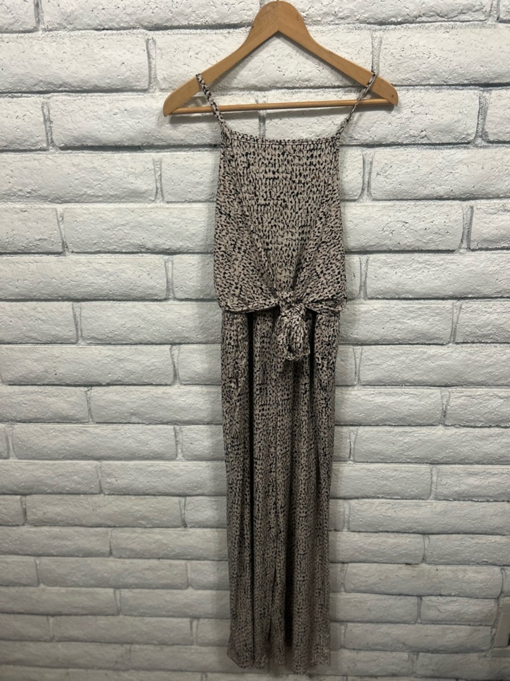Maurices Taupe Printed Spaghetti-Strap Jumpsuit with Front Tie